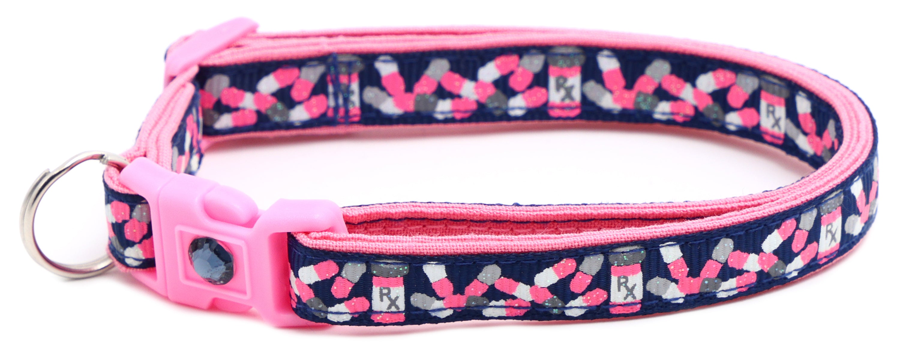 Handmade Pills Breakaway Cat Collar in reinforced cotton with adjustable sizes and breakaway clip for safety.